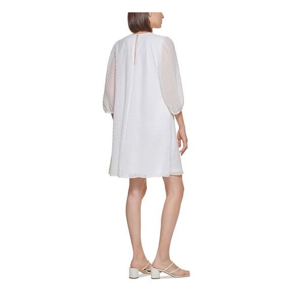 NWT CALVIN KLEIN Womens White Swiss Dots Closure Lined 3/4 Sleeve Shift Dress 2 - Picture 2 of 5